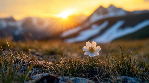 single-wildflower-in-field-with-mountains-and-sunset-in-the-background-photo